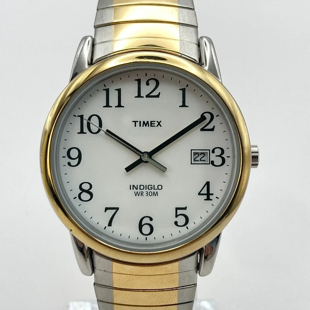 Timex Easy Reader Men's Watch 35mm Silver Gold Tone Indiglo Stretch New Battery